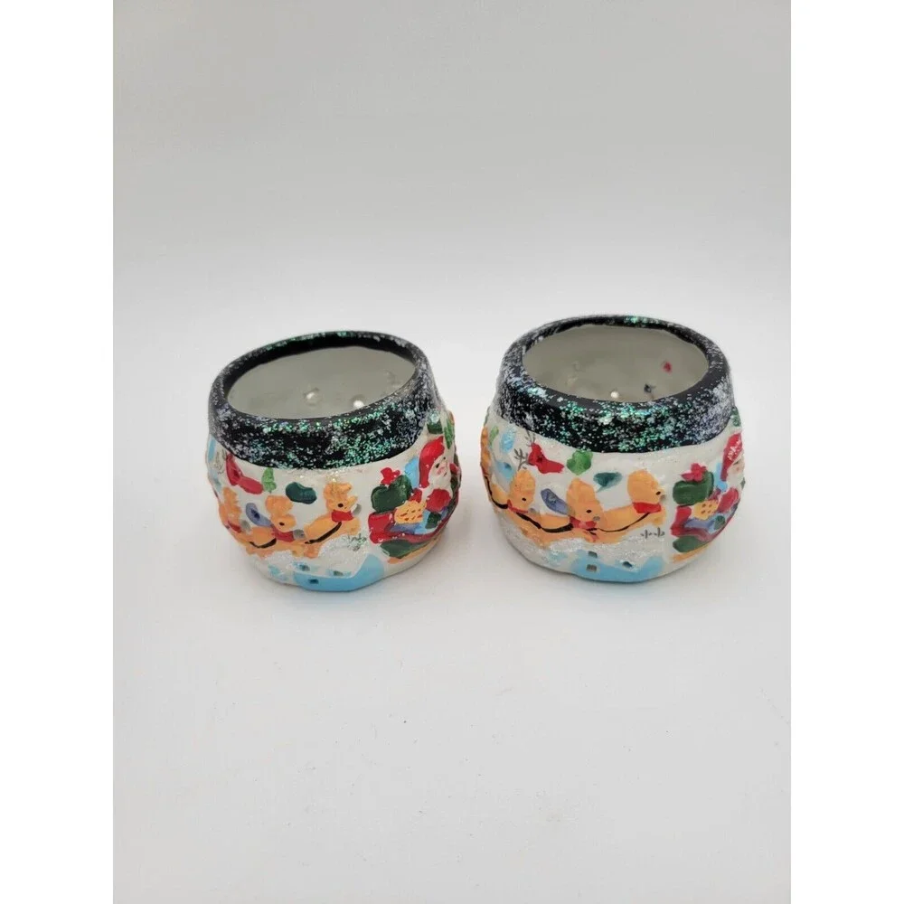 2 Vtg Giftco Ceramic Tea Light Candle Holders Santa Sleigh Reindeer Glitter 3.5